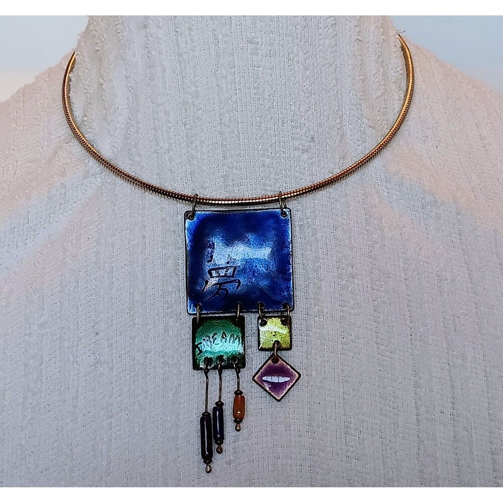 Vintage Artisan Silvertone Enamel Metal Torque Necklace Ceramic Bead Asian 17 in